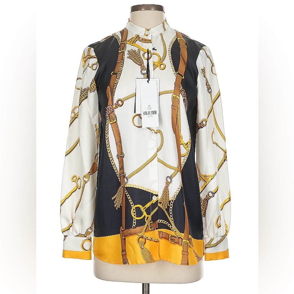 Carlisle Collection Silk Blouse Women Size 10 Equestrian Chain Print